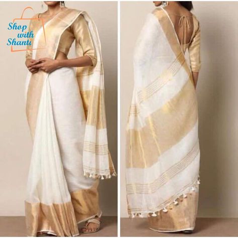 Linen 100 count white with gold wide zari border pure organic handwoven saree - Organic Linen sarees Uppada Pattu Sarees, Kora Silk Sarees, Kerala Saree, Linen Sarees, White Saree, Linen Saree, Elegant Saree, Chiffon Saree, Professional Women