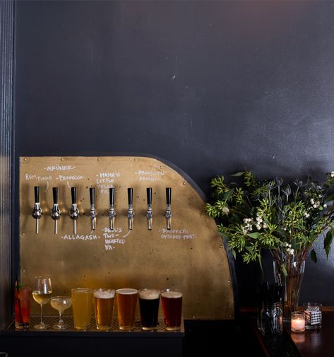 Brass drink taps + brass backsplash at the home bar + black walls + beer taps in the home + chic modern home bar | Jane Beiles Beer Design Ideas, Brass Backsplash, Beer Bar Ideas, Tea Store Design, Bar Restaurant Interior, Brewery Design, Beer Wall, Bar Tap, Modern Home Bar