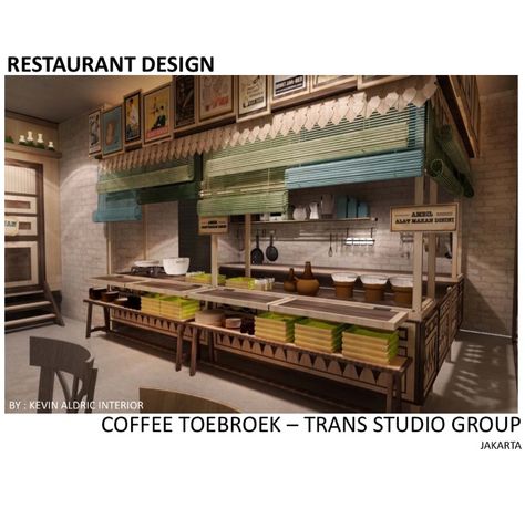 Restaurant design "Coffee Toebroek" designed by Kevin Aldric Interior. Client : trans studio group. Inspired by indonesian traditional restaurant but it is interpreted in the modern way. Filipino Restaurant Interior Design, Filipino Cafe, Indonesian Restaurant, Filipino Restaurant, Traditional Restaurant, Island Counter, Food Stand, Indonesian Cuisine, Korean Restaurant