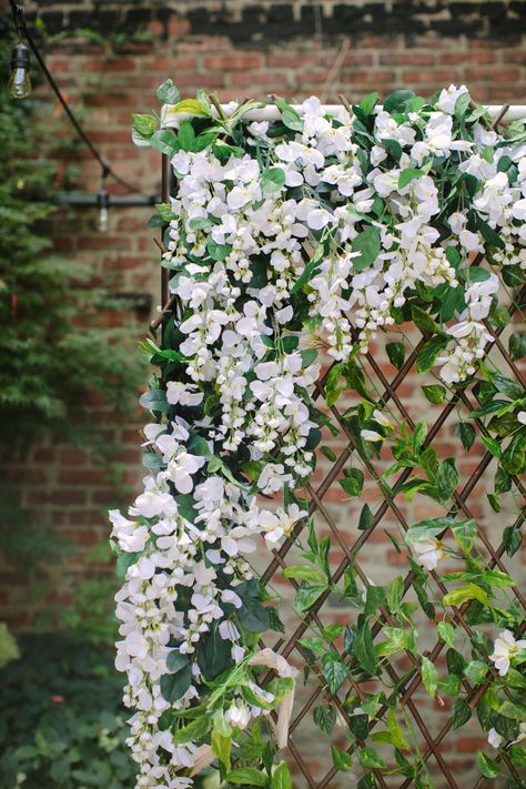 Easy trellis ceremony backdrop with wisteria! This elegant DIY project can be whipped up using silk flowers, PVC pipe and your inner Chip and Joanna Gaines. We mean it! This is an ideal statement piece for couples wanting lots of blooms without the price tag, and lots of impact without the work. Check out the full DIY on #ruffledblog! Ivy Wall Wedding Backdrop, Trellis Backdrop, Diy Wisteria, Easy Trellis, Trellis Wedding, Wisteria Trellis, Wedding Trellis, Diy Projects For Couples, Flower Fence