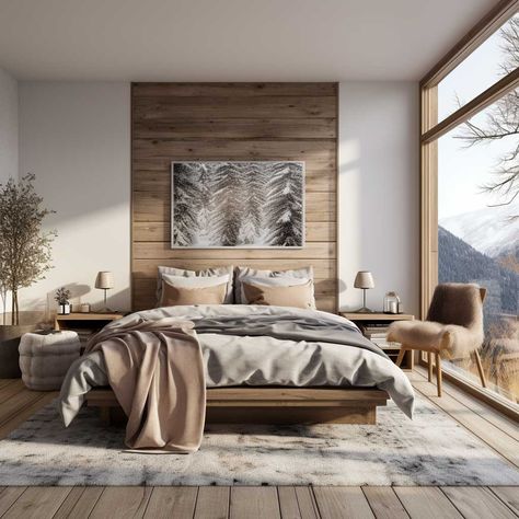 Cabin Interior Design Bedroom, Cozy Cabin Bedrooms Modern, Modern Scandinavian Bedroom Design Master, Bedroom Mountain Decor, Modern Rustic Cabin Bedroom, Rustic Interiors Bedroom, Contemporary Rustic Bedroom, Scandinavian Master Room, Bedroom As A Closet