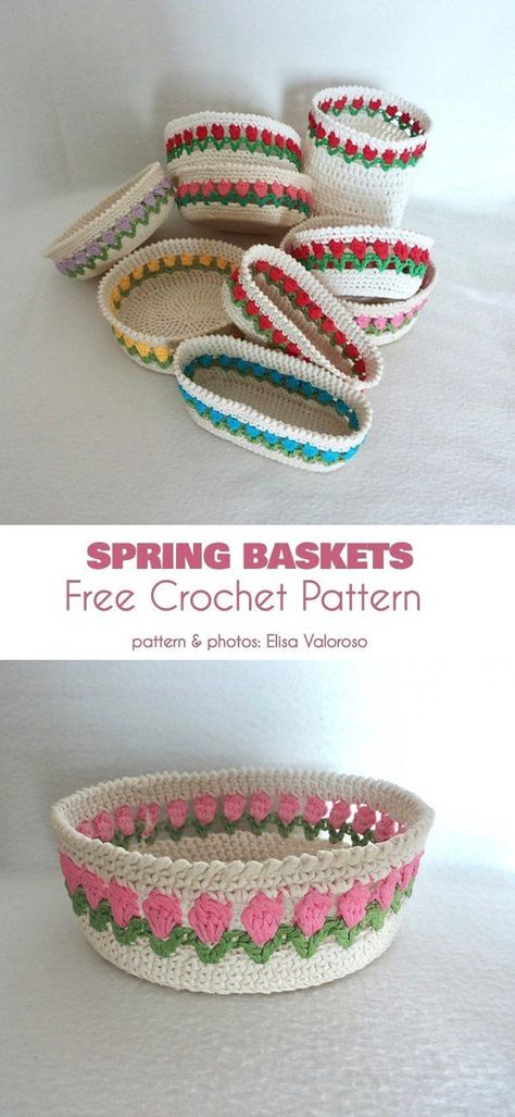 Crochet Easter Basket Free Pattern, Crochet Storage Baskets Free, Crochet Easter Basket Pattern, Spring Baskets, Easter Basket Pattern, Crocheted Baskets, Crochet Easter Basket, Tote Crochet, Crochet Basket Pattern Free