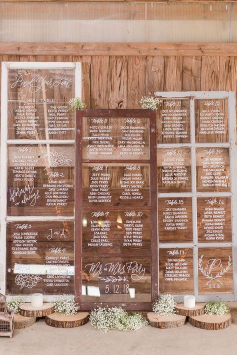 Glass Seating Chart, Unique Seating Chart Wedding, Unique Seating Chart, Rustic Seating Charts, Unique Seating, Barn Wedding Decorations, Barn Decor, Seating Plan, Seating Chart Wedding