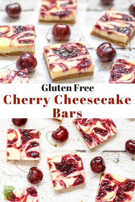 Gluten Free Cheesecake Bars Recipes, Gluten Free Cherry Bars, Gluten Free Cherry Recipes, Gluten Free Cherry Cheesecake, Gluten Free Cheesecake Bars, Gluten Free Cherry Desserts, Cake Recipes Cherry, Glutenfree Desert, Cherry Cheesecake Bars