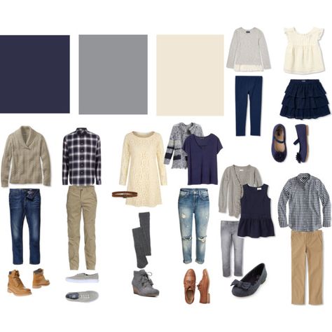 Navy, Gray, Cream family photo shoot color scheme by mdunbar80 on Polyvore featuring polyvore, Uttam Boutique, L.L.Bean, J.Crew, Banana Republic, Madewell, Gap, Dr. Scholl's, Paige Denim and Jeep Fall Family Outfits, Family Photos What To Wear, Family Portrait Outfits, Summer Family Pictures, Family Photo Colors, Winter Family Photos, Jenifer Aniston, Dating Ideas, Fall Family Photo Outfits