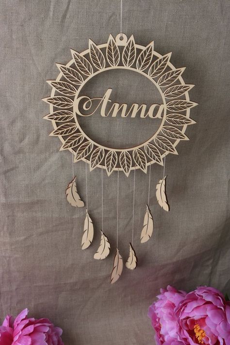 Nursery Dream Catcher, Wooden Dream Catcher, Kindergarten Party, Natural Wedding Decor, Dream Catcher Wall Hanging, Dream Catcher Wall, Leaf Frame, Wall Decor Nursery, Laser Engraved Ideas