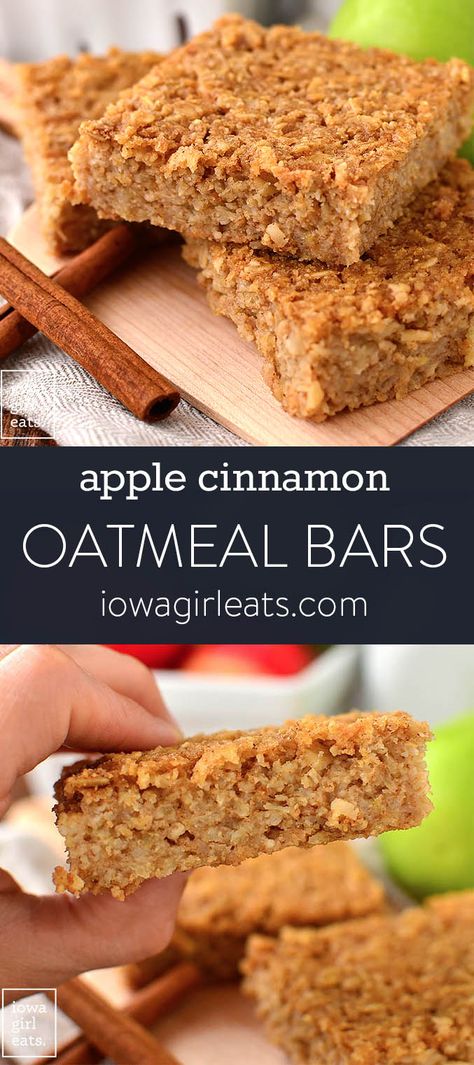 Apple Cinnamon Oatmeal Bars - Healthy Breakfast or Snack Apple Cinnamon Oatmeal Bars, Oatmeal Bars Healthy, Apple Cinnamon Oatmeal, Breakfast Oatmeal, Apple Oatmeal, Gluten Free Breakfast, Cinnamon Oatmeal, Iowa Girl Eats, Oatmeal Bars