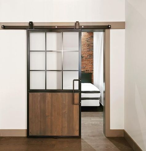 Brotherwood Living (@brotherwoodliving) • Instagram photos and videos Steel Wood Door Design, Industrial Door Design, Barn Door With Window, Modern Dutch Door, Half Barn Door, Barn Doors With Glass Panels, Half Glass Door, Barn Door With Glass, Wood And Glass Door