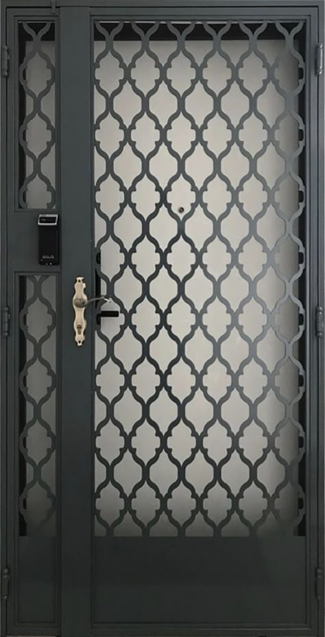 Modern doors can be equipped with smart features like key less entry, security cameras, and intercom systems, adding both style and functionality Metal Screen Panels, Metal Gate Door, Safety Doors, Metal Gates Design, Decorative Metal Screen, Door Grill, Grill Gate, Grill Gate Design, House Main Door Design