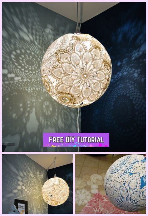 DIY Lace Doily Lamp Tutorials Doily Lampshade Diy, Doily Lamp, Lace Ideas, Doily Art, Doilies Crafts, Crochet Lace Doily, Diy Lampe, Diy Vintage Decor, Lace Diy