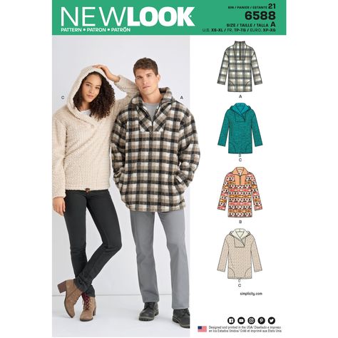 Purchase New Look 6588 Unisex Tops and read its pattern reviews. Find other Mens - Jackets, Tops, Coat/Jacket, sewing patterns... Fleece Pullover Pattern, Fleece Jacket Pattern, Collar Variations, Sewing Garments, Tops Pattern, New Look Patterns, Jacket Sewing, Fleece Patterns, Jacket Pattern Sewing