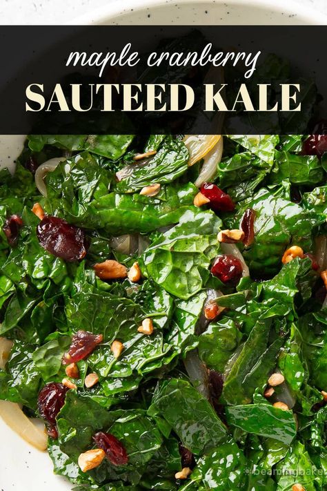 Sautéed Kale side dish from Beaming Baker. Easy sautéed kale with tartly sweet cranberries, studded with crunchy pecans and a delightful drizzle of cozy maple syrup. Kale Side Dish Recipes, Kale Side Dish, Leafy Greens Recipes, Zucchini Side Dish Recipes, Beaming Baker, Maple Pecans, Spinach Side Dish, Kale Salads, Sautéed Kale