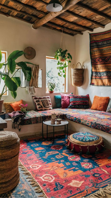 Cozy living room with colorful cushions, patterned rugs, hanging plants, and rustic decor. Boho Hippy Living Room, Boho Hippie Living Room, Hippy Living Room, Vintage Boho Living Room, Hippie Living Room, Statement Rugs, Hippie Rug, Bohemian Living Room Ideas, Boho Apartment