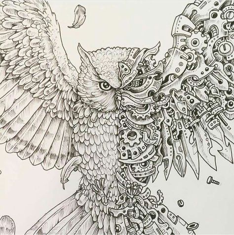 Your back is the perfect place for this cool bio mechanical owl to rest.  http://www.steampunkshoppe.com.au/shop/ Punk Coloring Pages, Kerby Rosanes Coloring Pages, Steampunk Art Drawing, Steampunk Drawing, Steampunk Owl, Steampunk Tattoo, Steampunk Owls, Owl Artwork, Kerby Rosanes