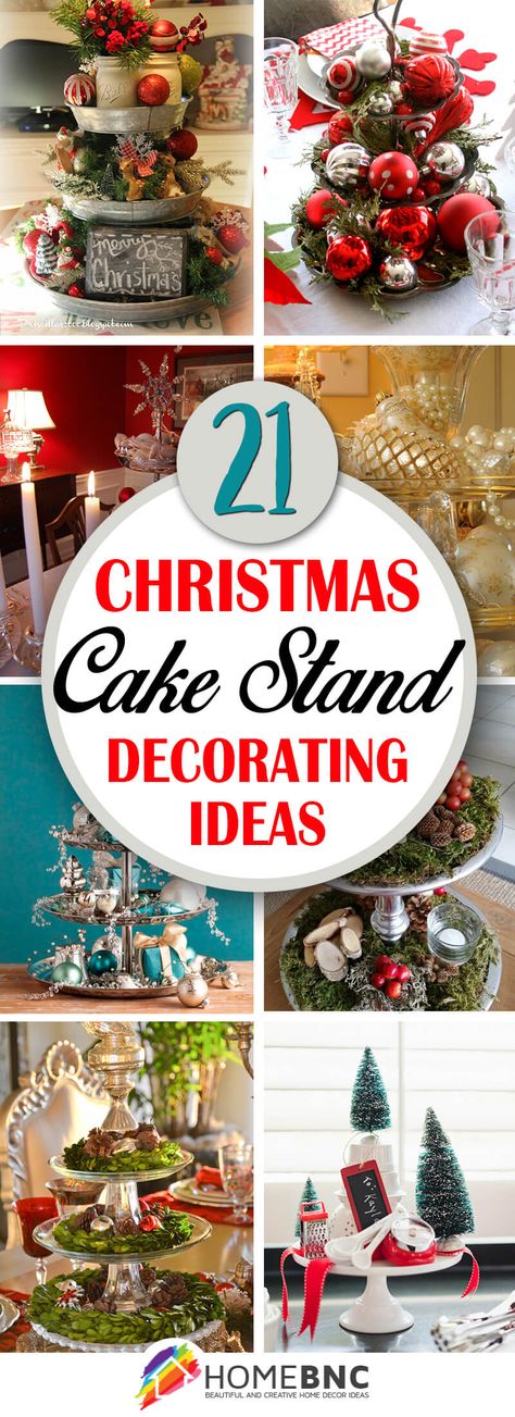 Cake Stand Decorations Christmas Cake Stand Decorating Ideas, Cake Stand Christmas Decor, Cake Stand Centerpiece, Christmas Cake Stand, Christmas Table Decorations Diy, Cake Stand Decor, Diy Christmas Table, Table Centerpieces Diy, Christmas Centers