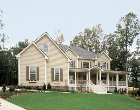 Tan House Black Shutters, Cream House Exterior, Tan House Exterior, House Shutter Colors, Cream Colored Houses, Exterior Color Combinations, Tan House, Siding Ideas, Shutter Colors