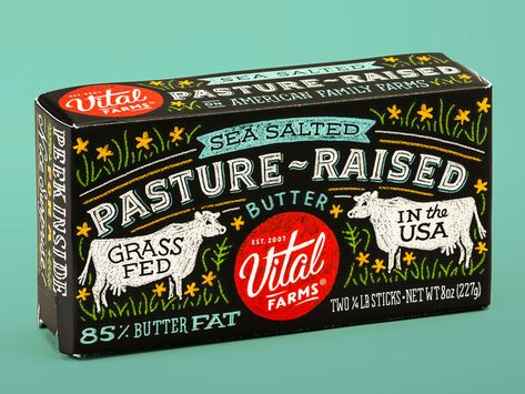 Vital Farms Butter Packaging by Unpack'd Butter Box Design, Butter Packaging Ideas, Butter Packaging Design Ideas, Butter Graphic Design, Butter Packaging Design, Butcher Design, Nut Butter Branding, Butter Packaging, Bakery Packaging Design