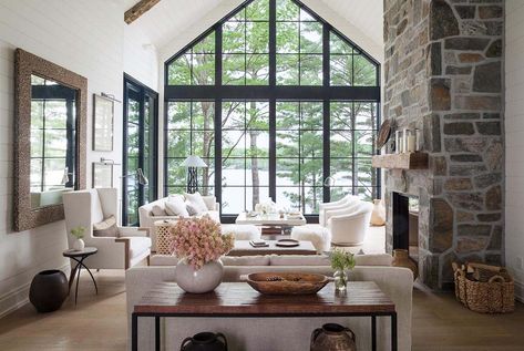 Dreamy rustic-modern lake house with sweeping vistas of Lake Joseph Rustic Modern Farmhouse Living Room, Pony Walls, Howard Roark, Trim Windows, Resort Decor, Lake House Living Room, Fasad Design, Modern Farmhouse Living Room Decor, Farmhouse Living Room Decor Ideas