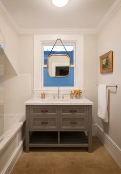 Mirror Over Window Bathroom, Window Above Vanity In Bathroom, Bathroom Vanity In Front Of Window, Bathroom Mirror In Front Of Window, Mirror In Front Of Window Bathroom, Window Mirror Bathroom, Mirror In Front Of Window, Vanity In Front Of Window, Brown Floor Tile