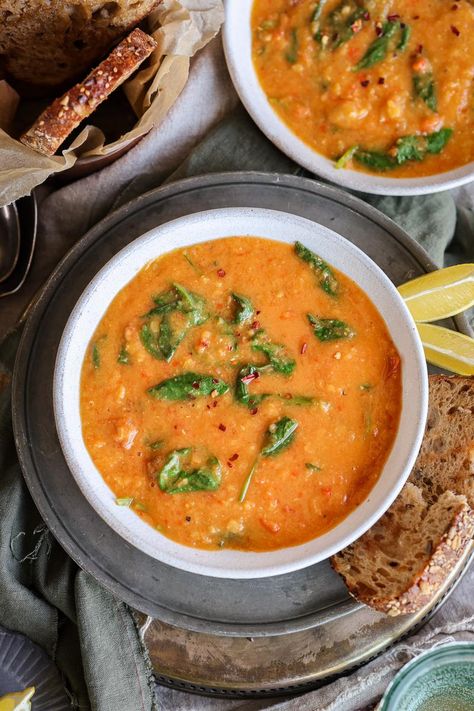 Red Lentil & Spinach Soup | Pick Up Limes Lentil And Spinach Soup, Lentil Spinach Soup, Butter Bean Stew, Spinach Lentil, Lentil Spinach, Dairy Free Pancakes, Breakfast Oatmeal Recipes, Oat Smoothie, Spinach Soup