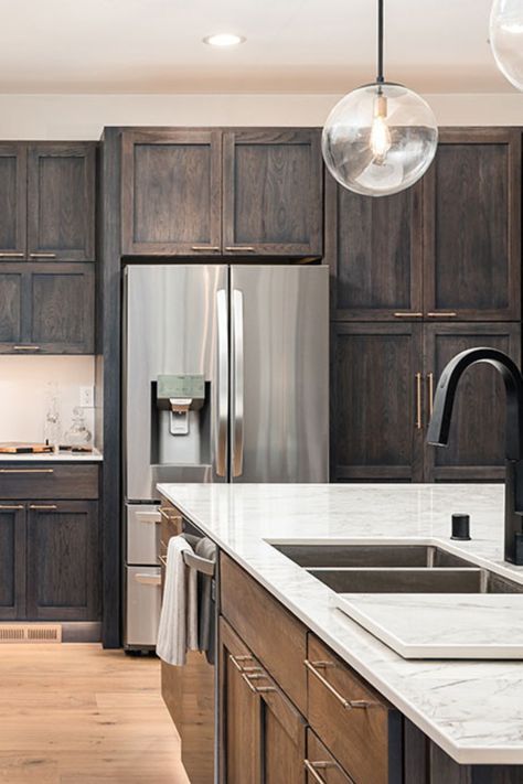 Dark Wood Grain Kitchen Cabinets, Ebony Wood Stain Cabinets, Dark Cabinets With Light Floors Kitchen, Black Stained Wood Cabinets, Ebony Stained Cabinets, Dark Hickory Kitchen Cabinets, Stained Hickory Kitchen Cabinets, Dark Wood Cabinets Kitchen, Dark Stained Kitchen Cabinets