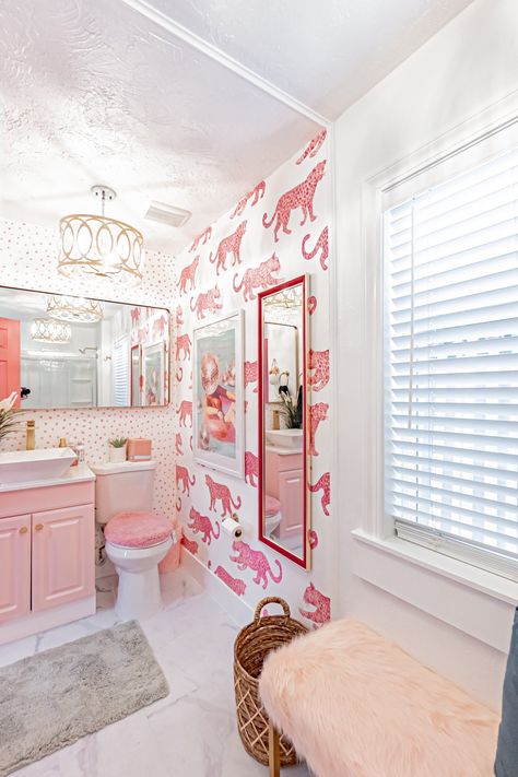 Grrr! Pink cheetah bath! #idahoairbnb #spoonflowerwallpaper #pinkhouseremodel #pinkhouse #pinkairbnb #bachelorettehouse #pinkbathroom #cottages #pinkdecor Cheetah Bathroom, Cool Girl Bedrooms, Pink Beach House, Pink Ideas, Beach House Bathroom, Bedroom Idea, Pink Cheetah, Pink Beach, Pink Bathroom