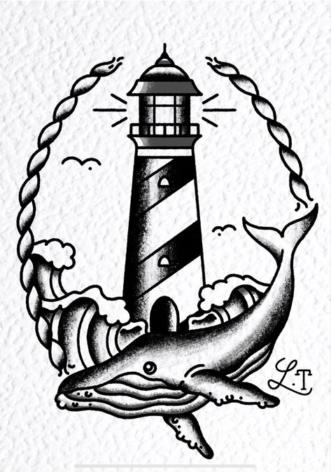 Lighthouse Tattoo Flash, Traditional Lighthouse Tattoo Flash, Lighthouse Flash Tattoo, Trad Lighthouse Tattoo, Old School Whale Tattoo, Old School Sea Tattoo, Old School Tattoo Lighthouse, Liberona Tattoo, Old School Lighthouse Tattoo