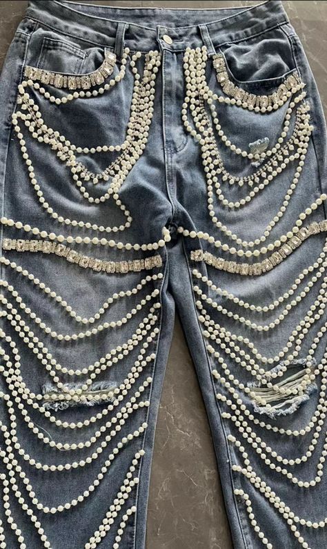 Beachapche  New Fashion Big Hole Rhinestone Chain Pearls Street Jeans  Female Washing Denim Trousers Denim Trousers Women, Denim Diy Clothes, Lady Sings The Blues, Jeans Female, Flare Sleeve Sweater, Criss Cross Dress, Street Jeans, Lantern Sleeved Blouses, Flared Sleeves Top