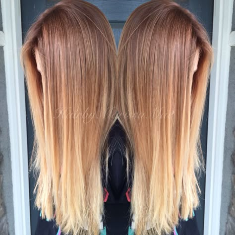 Copper blonde color melt Auburn To Blonde Ombre Hair, Copper Blonde Color Melt, Strawberry Blonde Color Melt, Strawberry Blonde Baylage Hair, Strawberry Blonde Root Melt, Copper Roots Blonde Ends, Hair Copper Blonde, Red And Blonde Balayage, Color Melt Hair