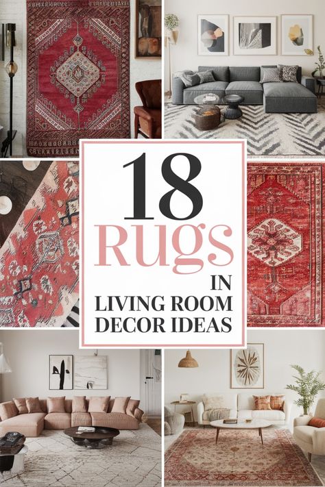 18 rugs in living room decor ideas collage featuring various rug styles and room settings. How To Style A Rug In Living Room, Living Room Red Rug, Victorian Living Room Decor, Floral Rugs Living Room, Persian Rug Living Room, Cherry Floors, Artistic Rugs, Vintage Rug Living Room, Victorian Living Room