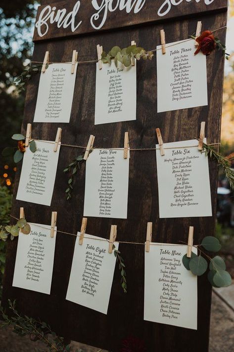 This couple incorporated small floral elements in their seat chart so that it matched the other decor! #seatingchart #weddinginspiration #eucalyptus Wedding Seating Chart Display, Seat Chart, Find Your Seat Sign, Find Your Seat, Seating Sign, Inexpensive Wedding, Floral Elements, Whimsical Wedding, Marriage Ceremony