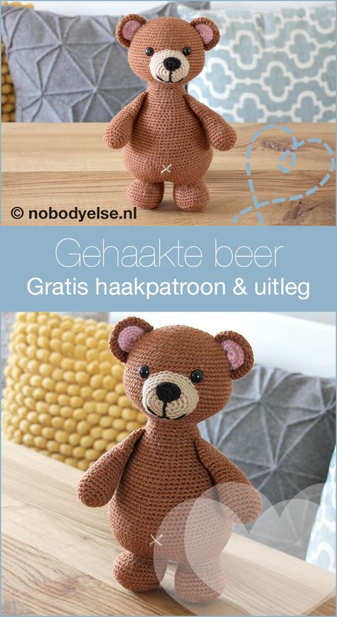 Vandaag heb ik een bijzonder artikel op mijn blog. Ik deel namelijk gratis mijn allereerste zelf ontworpen en uitgewerkte haakpatroon van een knuffel (amigurumi). Ik stel je voor aan Bram de Beer. De uitleg en het haakpatroon staan gratis op mij blog. Beer Haken, Crochet Beer, Knitted Decor, Easter Crochet, Yarn Diy, Granny Square Crochet Pattern, Crochet Bear, Paper Crafts Diy Kids, Crochet Cat