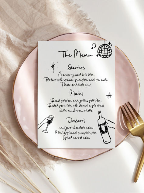 These handwritte wedding menus are a perfect addition to your wedding day featuring hand-drawn doodles and a handwritten font. Doodle Wedding, Handwritten Wedding, Carrot Spice Cake, Brie Bites, Leek Soup, Mushroom Risotto, Wedding Table Decor, Wild Mushrooms, Handwritten Font