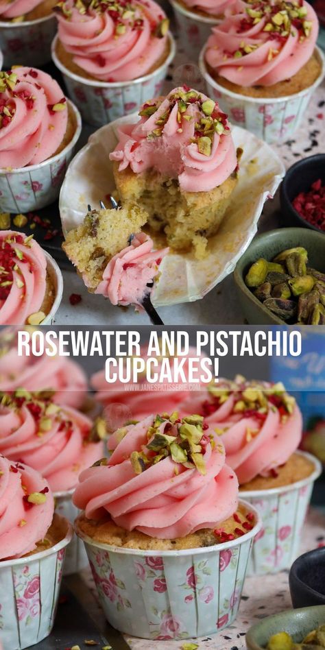 Pretty in pink and green cupcakes with a lovely hint of rosewater & pistachio! Pink And Green Cupcakes, Jane Patisserie, Greek Yoghurt Recipes, Rose Cake Recipe, Gourmet Cupcake Recipes, Pistachio Cupcakes, Pistachio Dessert, Janes Patisserie, Green Cupcakes