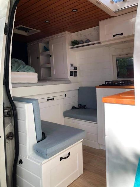 Mwb Van Conversion, Mwb Camper Conversion, How To Remodel A Camper, Modern L Shaped Kitchens, Steel Bed Design, Converted Vans, Camper Interior Design, Ford Transit Camper, Diy Camper Trailer