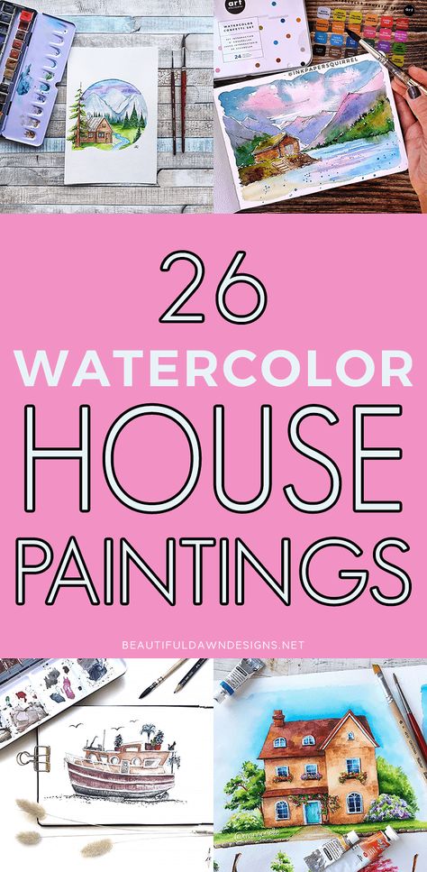 Watercolor Paintings Of Houses, Watercolor Houses Illustration, Watercolor Houses Simple, Watercolor House Painting Tutorial, Watercolor Buildings Easy, Watercolor Art House, Watercolour Houses, House Painting Ideas, House Watercolor Painting