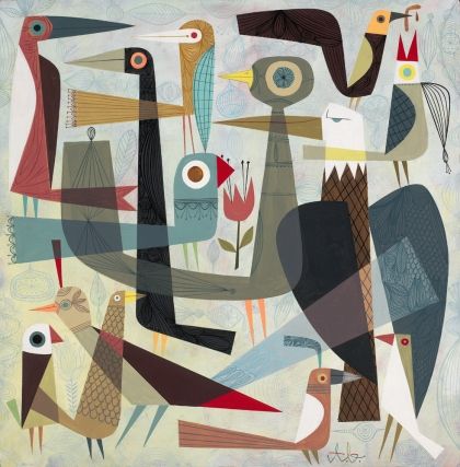 A Volery of Birds by Tim Biskup.  Gouache on wood. Hilke Macintyre, Tim Biskup, Ceramic Birds Sculpture, Vinyl Acrylic, Art Deco Vases, Bird Figure, Ceramic Birds, Bird Sculpture, Arte Popular