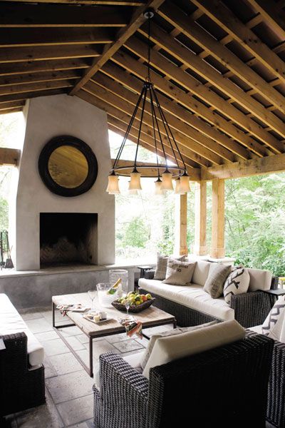 Vaulted Ceiling Ideas, Outdoor Chandelier, Outdoor Living Rooms, Ceiling Ideas, Outdoor Living Room, Vaulted Ceiling, Outdoor Rooms, A Fire, Outdoor Living Space