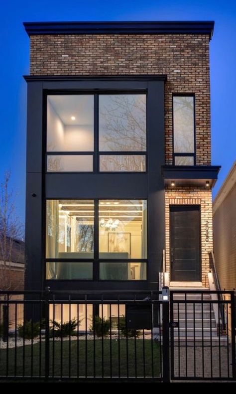 The doors, window and gate are all rectangular adding harmony in their likeness Modern Brick House, Townhouse Exterior, Modern Townhouse, Townhouse Designs, Narrow House, Architecture Design Concept, Hus Inspiration, Row House, Industrial House