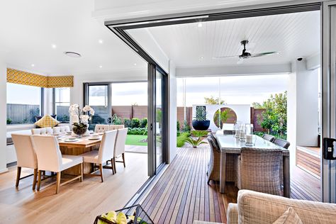 Modish deck featuring a rattan seats and table with a glass top. Comfortable sofa set are just beside the dining area. Alfresco Area, Outside Patio, House Extensions, Diy Installation, Outdoor Ceiling Fans, Patio Area, Modern Dining Room, Modern Dining, Flush Mount Ceiling Lights