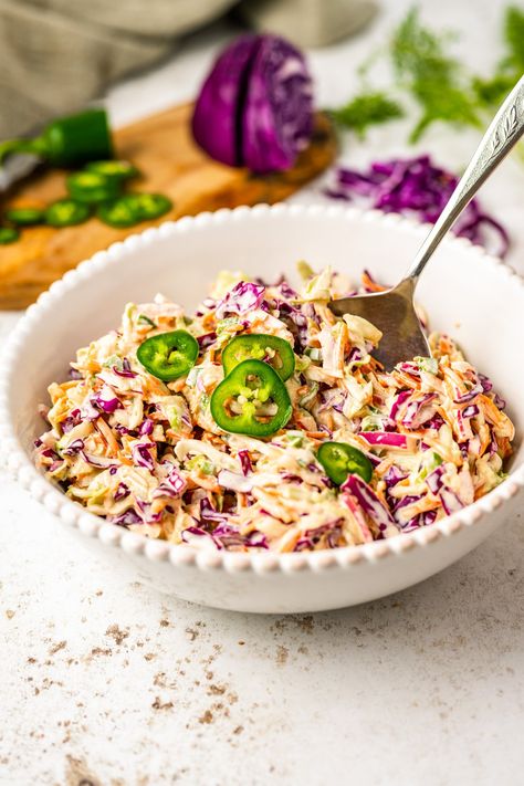 Jalapeno Coleslaw Recipe Jalapeno Slaw, Spicy Turkey Burgers, Spicy Slaw, Slow Cooker Cuban Pork, Coleslaw Recipes, Sandwiches And Wraps, Healthy Coleslaw, Red Cabbage Recipes, Arugula Salad Recipes