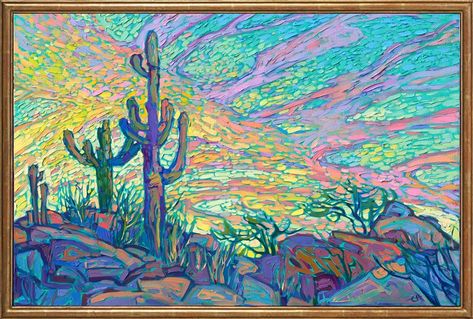 Dawning Saguaro - Contemporary Impressionism Paintings by Erin Hanson Rodeo Art, American Impressionism, Erin Hanson, Arizona Landscape, Desert Landscapes, Contemporary Impressionism, Desert Painting, Abstract Landscapes, Fauvism