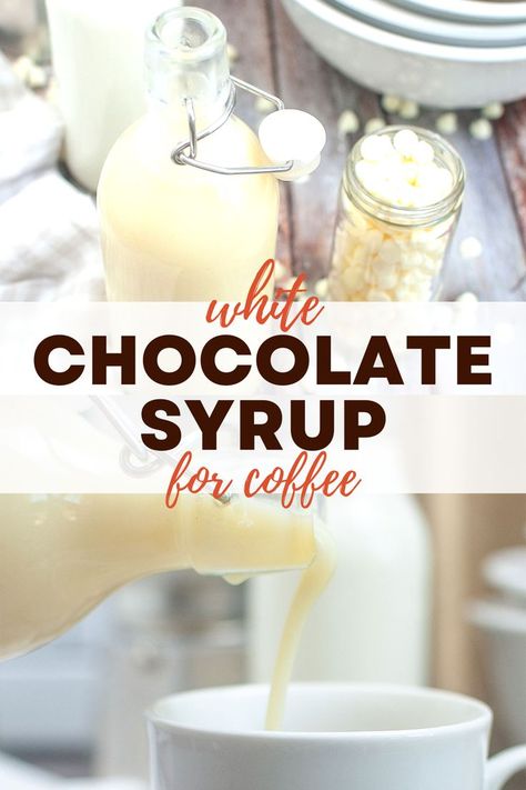 Creamy and smooth white chocolate syrup being poured into a white coffee mug. Homemade White Mocha Syrup, White Mocha Syrup Recipe, White Chocolate Mocha Creamer Recipe, White Chocolate Simple Syrup, White Chocolate Syrup Recipe, Syrup Recipes For Coffee, Christmas Coffee Syrup, Drink Syrup Recipes, White Chocolate Syrup For Coffee