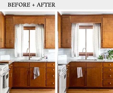 Scalloped Wood Valance Over Sink, Remove Scalloped Wood Valance Over Sink, Removing Kitchen Soffit Before And After, Update 1950s Home, Over Kitchen Sink, Above Kitchen Sink, Kitchen Soffit, Update Kitchen Cabinets, Pine Kitchen