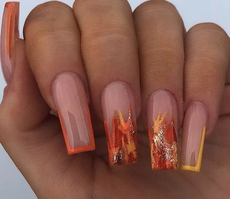 Autumn Nails Acrylic Short Square, Medium Length Fall Nails, November Nails Fall Short Square, November Nail Ideas Short, November Nail Designs, Orange Nail Designs, Nail Business, August Nails, Autumn Nail