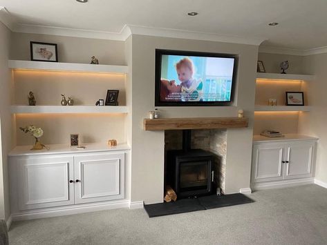 Tv On Wall Ideas Living Room Fire Places Floating Shelves, Uneven Alcoves Living Rooms, Media Wall Ideas With Fireplace And Storage, Sitting Room Built In Units, Media Wall Log Burner, Log Burner Media Wall, Media Wall With Log Burner, Log Burner Tv Wall, Tv Wall Wood