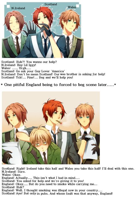 U.K. Brothers; Northern Ireland, Scotland, Wales, and England Hetalia Kirkland Brothers, Scotland Hetalia, Kirkland Brothers, Hetalia Headcanons, Hetalia Funny, Ireland Scotland, Hetalia Anime, Fandom Art, Hetalia Fanart