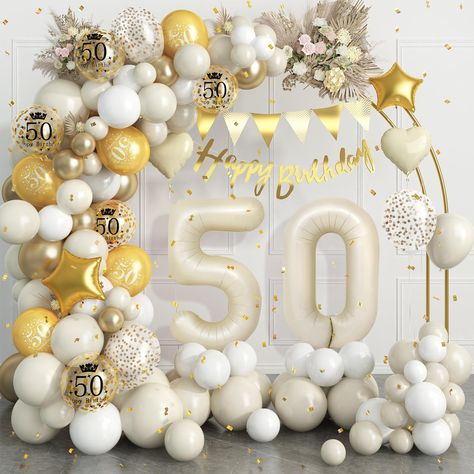 PRICES MAY VARY. ✨50th BIRTHDAY DECORATIONS✨:50th sand white gold birthday party decorations for women man include 32inch "50"foil balloons,1pc“happy birthday”banner,1pc triangle flag,43pcs sand white balloons(5+10+12"),20pcs white balloons(5+10"),10pcs 12inch“50”printed balloons(gold,confetti gold),6pcs metallic gold balloons(5+10"),4pcs foil balloons(star,heart-shaped),3pcs gold dot balloons,2pcs long balloon,glue,balloon strip,ribbon. ✨EASY TO ASSEMBLE✨：Putting together this 50th birthday bal 50th Anniversary Balloon Decorations, 50th Birthday Decorations Men, 50 Birthday Balloon Ideas, 50th Anniversary Balloon Arch, All White 50th Birthday Party, 50 Birthday Decorations For Men, 50th Birthday Party Decorations Women, 50th Birthday Decor, Birthday Balloon Arch