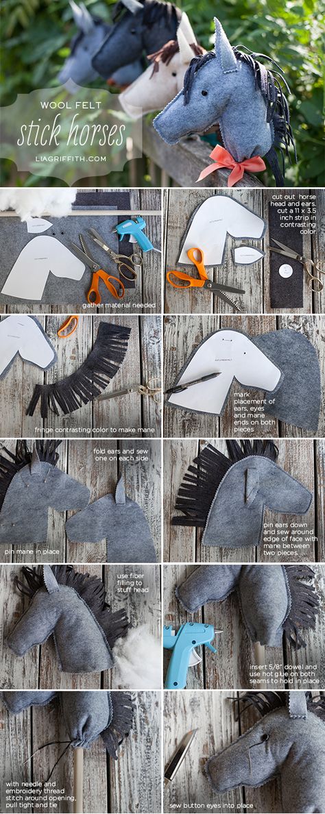 Felt Stick Horse Tutorial [I believe children need rocking horses but have made my share of hobby horses when needed. Never used felt, boot socks as far as I recall. Anyway, these look pretty snazzy, don't you think? — 23-08-13] Homemade Christmas Presents, Diy Christmas Gifts For Kids, Diy Gifts To Make, Diy Horse, Christmas Presents For Kids, Kids Homemade, Stick Horses, Homemade Toys, Diy Felt