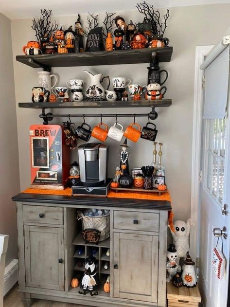 Halloween Coffee Bar, Halloween Sleepover, Spooky Coffee, Blocksburg Room Ideas￼, Coffee Urn, Halloween Bar, Halloween Is Coming, Hot Cocoa Bar, Tea Bar